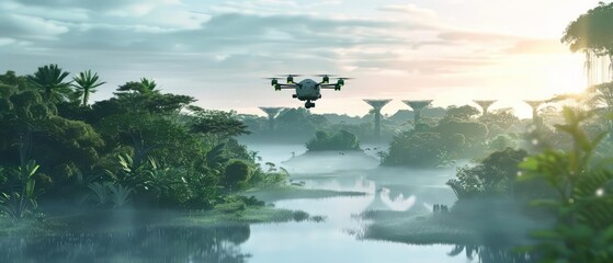 Environmental protection involves preserving natural habitats, shown in a closeup of a drone monitoring a wildlife reserve, enhanced with hightech visuals