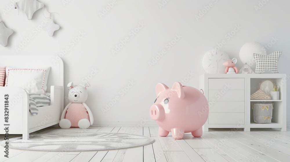 Poster a piggy bank in a child's room with blank space on the walls or furniture for adding text or brandin