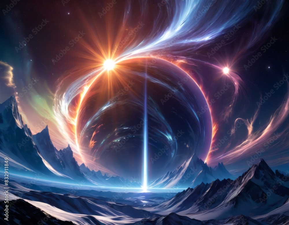 Poster captivating image showcasing a spectacular celestial event with radiant beams and swirling auroras o