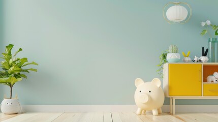 A piggy bank in a child's room with blank space on the walls or furniture for adding text or branding 