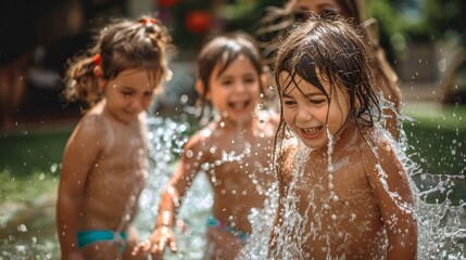 Children playing on the lawn dousing themselves with water. Children playing in water and flying splashes on the lawn in summertime