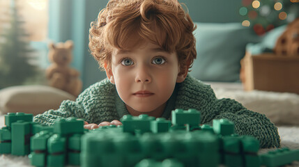 A young boy is lying on the floor next to a stack of green blocks, exploring the possibilities of the toy blocks