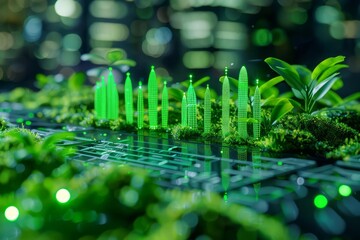 Green growth promotes economic and environmental balance, focused on a closeup of a smart growth tracking tool, detailed with futuristic technology