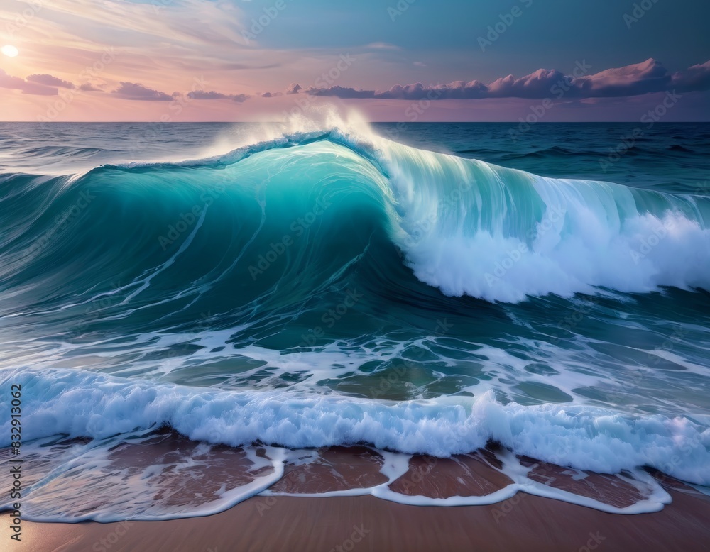 Poster captivating view of a cresting ocean wave under the colorful hues of sunset, encapsulating the dynam