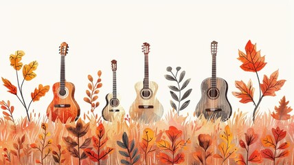 Folk music festival announcement with warm autumn tones and string instruments