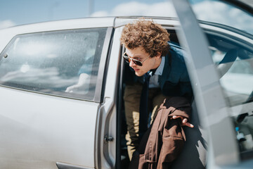 A young businessperson in sunglasses and a suit jacket steps out of a white car, holding a coat and looking driven.