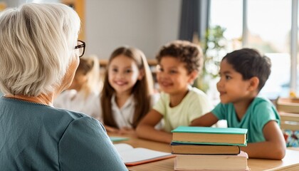 Fototapeta premium An elderly woman is talking to smiling children