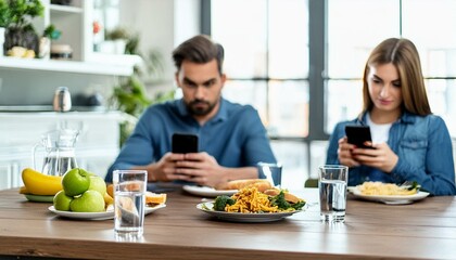 A couple is sitting in the kitchen and ignoring each other with their phones