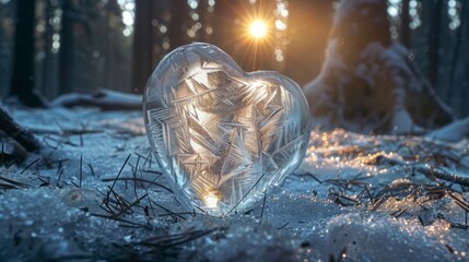 heart made of ice on top of a log in the middle of the forest
