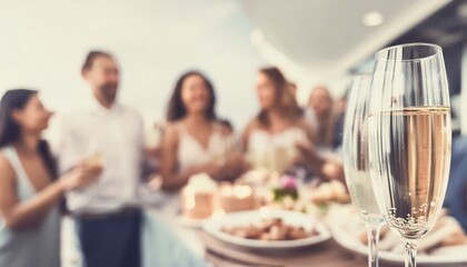 Fototapeta premium Friends are having a party and celebrating something, people are blurred, and champagne is in front