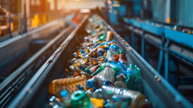 Recycling transforms waste into reusable materials, focused on automated sorting machines, shown in a closeup shot