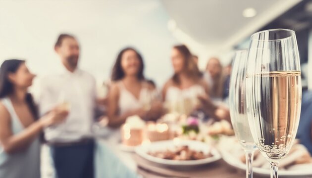 Friends are having a party and celebrating something, people are blurred, and champagne is in front