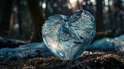 Fototapeta premium heart made of ice on top of a log in the middle of the forest at dawn in high resolution and high quality