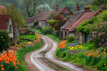 rural village scenery, scenic countryside village with charming cottages, colorful gardens, and a winding dirt road, offering an idyllic rural living experience