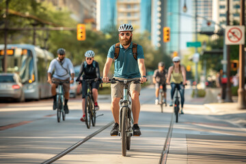 people commuting on bicycles in bustling city streets. 