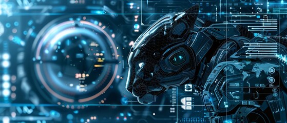 Wildlife preservation safeguards species and ecosystems, focused on a closeup of a robotic animal tracker, detailed with futuristic HUD elements