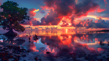 A nature mangrove during sunset, the sky ablaze with colors, and the water reflecting the hues
