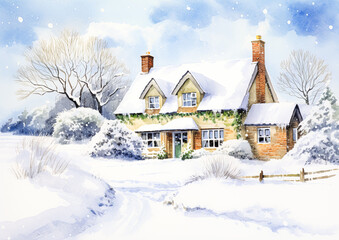 Naklejka premium Watercolour printable winter countryside art print, English country cottage and snow, Christmas holiday, thank you and Happy Holidays diy greeting card design