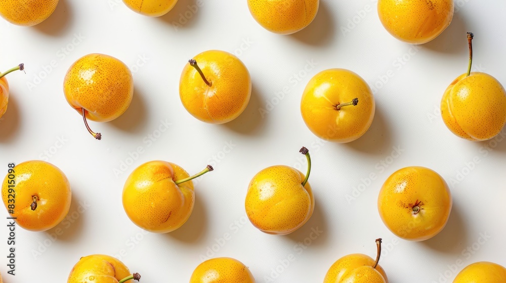 Wall mural fresh yellow plums arranged neatly on a white background