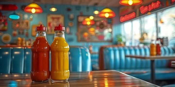 A diner scene with two syrup bottles on a wooden table, set against the backdrop of a classic American diner interior.