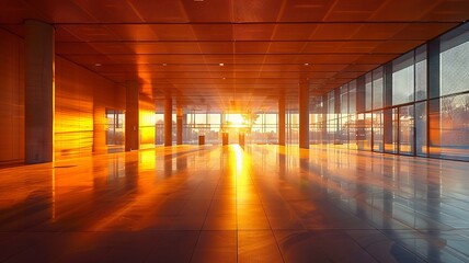 sunlit modern airport corridor with dynamic lighting