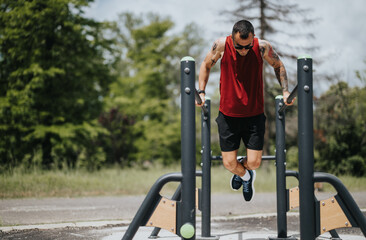Focused athletic man in a red tank top performs exercises on parallel bars in a sunny park setting, embodying strength and determination.
