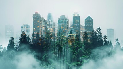 City skyline merged with a forest in double exposure for an urban escape
