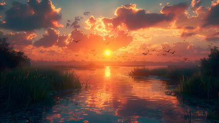 Obraz premium A nature marsh scene with birds flying overhead and the sun setting in the background