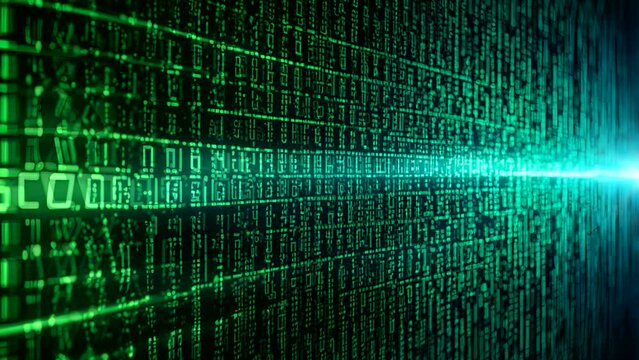 A green screen with a lot of numbers and letters. The numbers and letters are in different sizes and are arranged in a grid. Concept of complexity and order