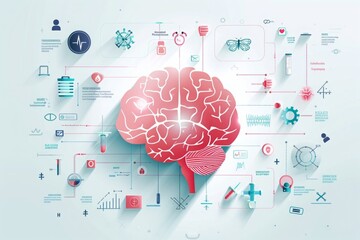 A brain with highlighted areas of pain surrounded by medical icons