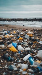 AI-generated illustration of A beach scene with trash on the sand and in the water