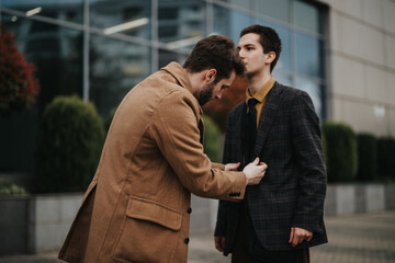 In this image, two professionals engage in a serious business discussion outdoors with an office...