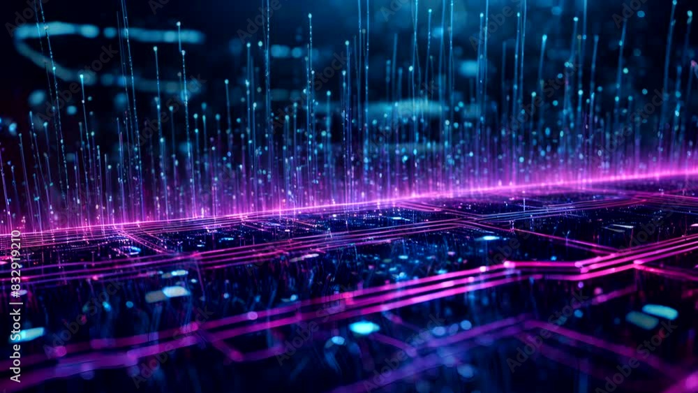 Poster a computer screen with a purple and pink background and a lot of lines. the lines are in different c