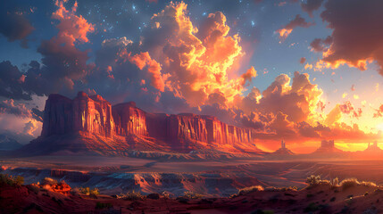 A nature mesa during sunset, the sky ablaze with colors, and the rock formations casting long shadows