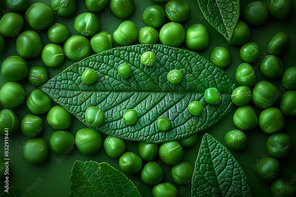 Poster peas arranged to create the outline of a leaf. concept of green nutrition. generative ai.