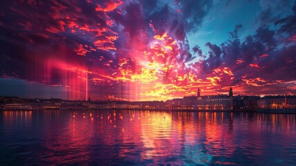 Vibrant sunset cloud unleashes streams of light over cityscape