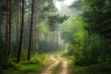 AI generated illustration of A rural dirt road lined with tall trees, shrouded in misty fog -