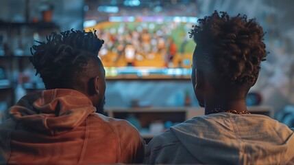 Two pals bonding over a televised sports game, fostering camaraderie and team spirit