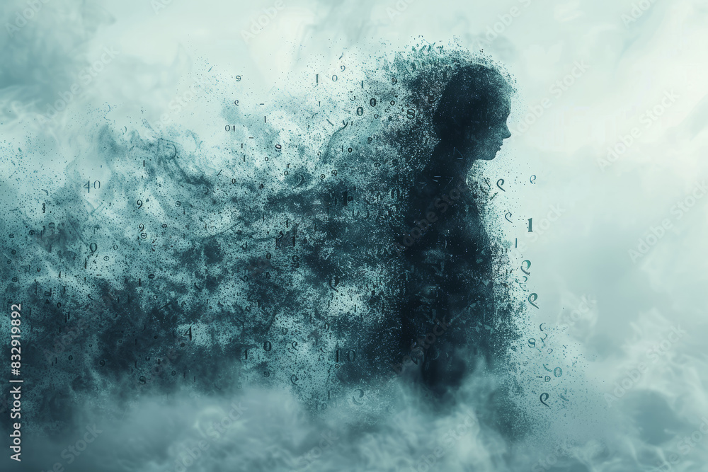 Poster a human silhouette dissolving into a cloud of numbers. concept of time fragmentation. generative ai.