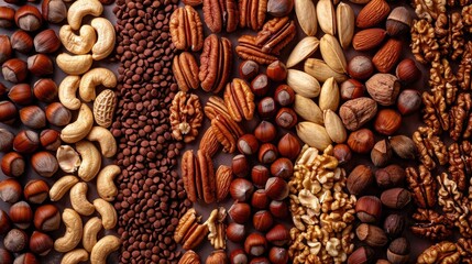 Variety of nuts lined up together in a close up shot Assortment of nut textures displayed