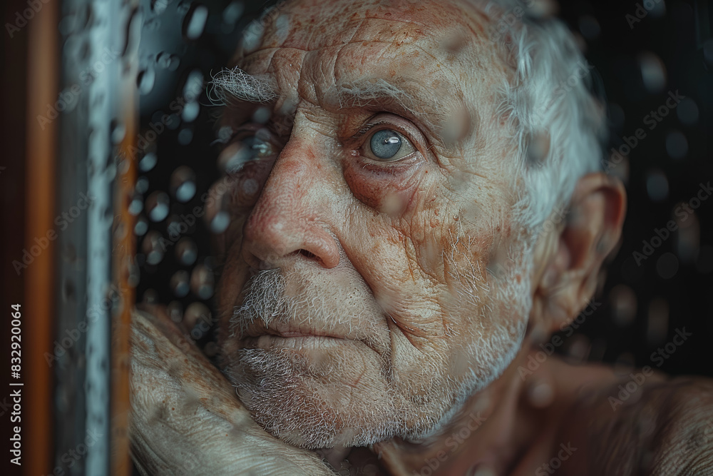 Poster a person standing in front of a mirror with a reflection showing them aged. concept of aging and tim