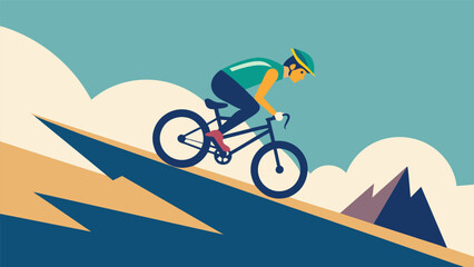 With a flick of their wrist the rider takes a sharp turn off a jump and heads down a steep technical downhill section ly avoiding a crash.. Vector illustration