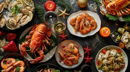 A festive seafood dinner with various dishes, including