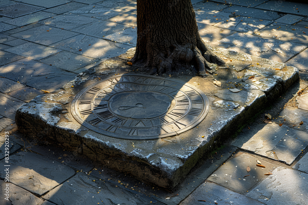 Poster a clock tower with its shadow forming a sundial on the ground. concept of ancient and modern timekee
