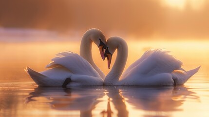 Fototapeta premium Ultra-Realistic Close-Up of Two Swans Bowing Their Heads to Each Other on a Beautiful Blue Lake at Pale Peach Sunrise, Creating a Serene and Romantic Scene