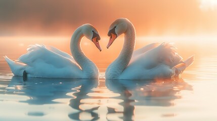 Ultra-Realistic Close-Up of Two Swans Bowing Their Heads to Each Other on a Beautiful Blue Lake at Pale Peach Sunrise, Creating a Serene and Romantic Scene