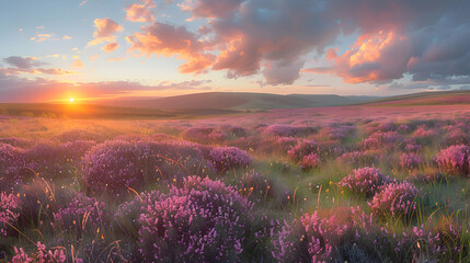 A nature moor during sunset, the sky ablaze with colors, and the heather casting long shadows