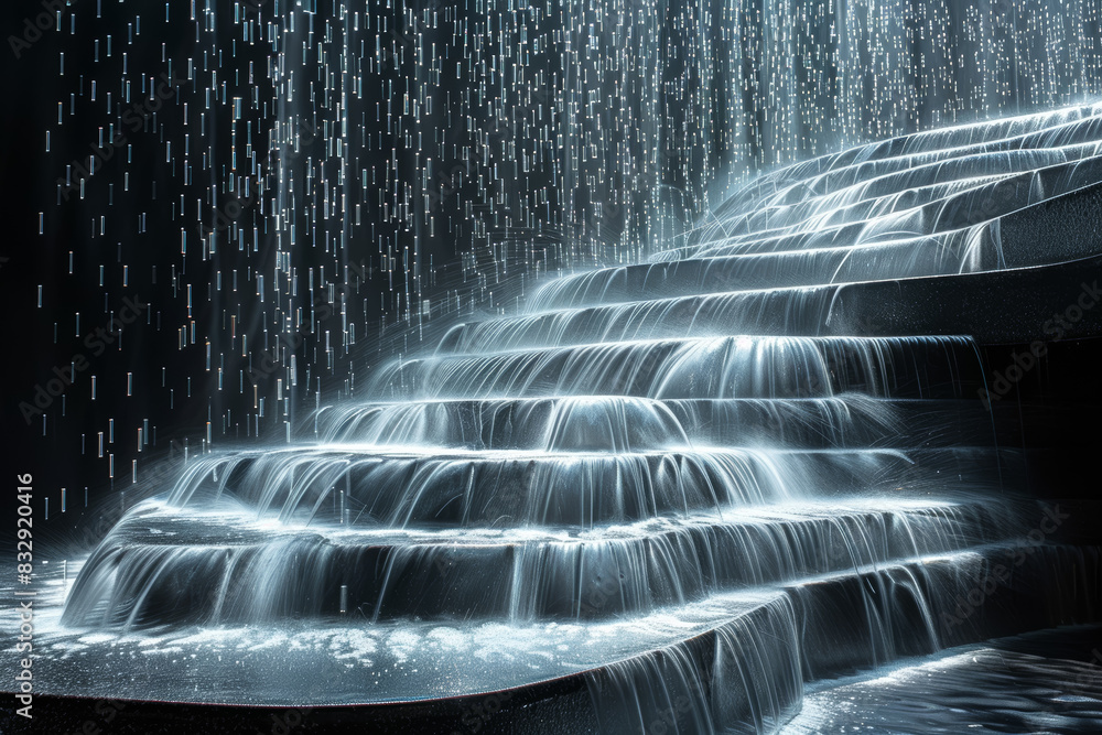 Poster a cascade of water from a fountain that transforms into a stream of numbers. concept of time flowing