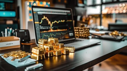 A trader's desk filled with gold bars, financial reports, and a laptop showing gold prices. - Powered by Adobe
