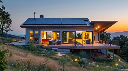 Fototapeta premium Fresh sunrise over a modern home retrofit with solar panels